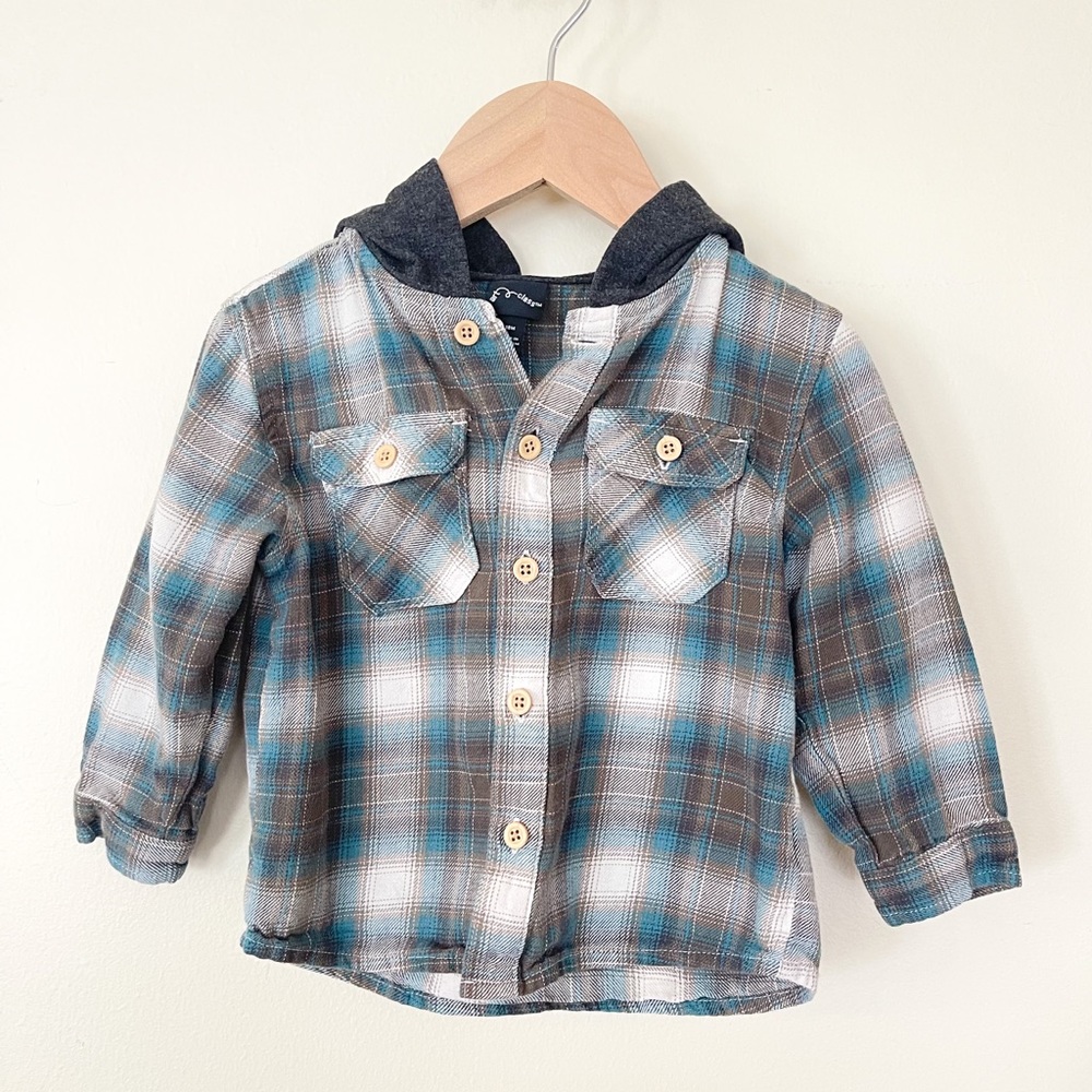 Art Class | Boy Toddler Button Down Hoodie Plaid Shirt with Hood Size 18 Month